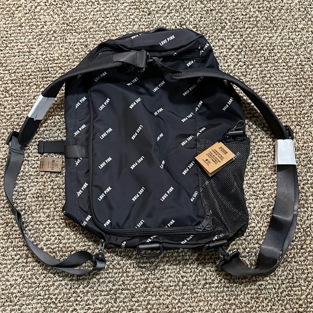 New Love pink convertible campus duffel backpack grey